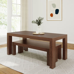 Modern Solid Wood Dining Table Set with 2 Benches Dining Plank+Beam 