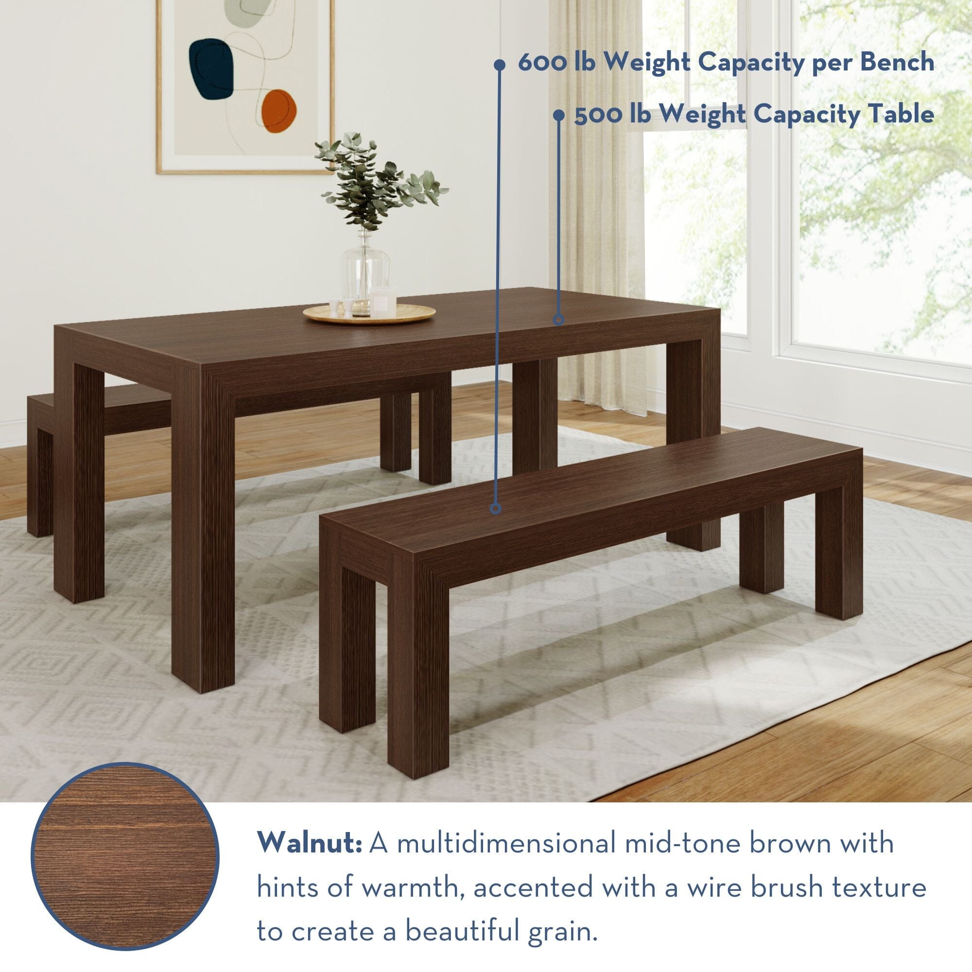 Modern Dining Table Set with 2 Benches Solid Wood 72