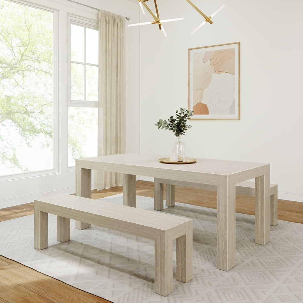 Modern Solid Wood Dining Table Set with 2 Benches Dining Set Plank+Beam Seashell Wirebrush 