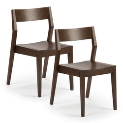 Pair of modern brown wooden dining chairs with curved backrests and tapered legs, contemporary kitchen and dining room seating on white background