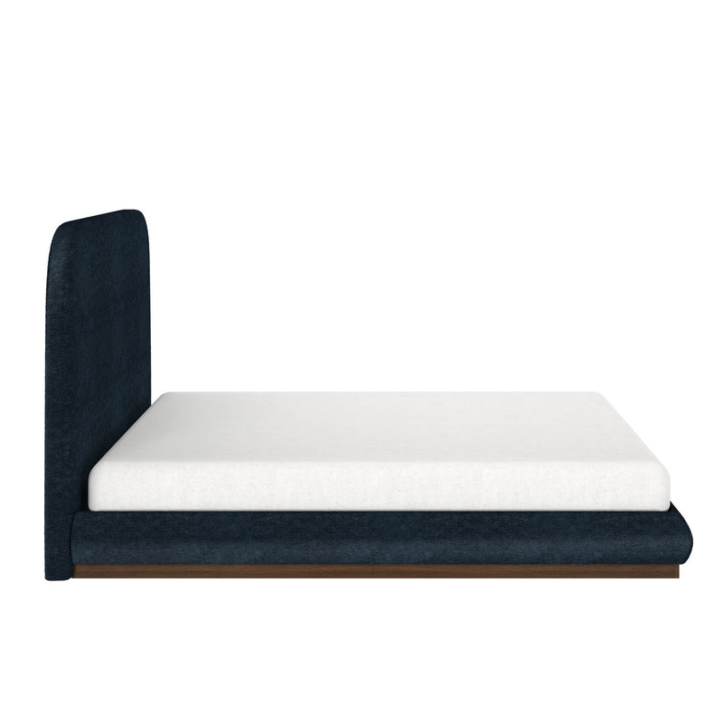 Modern platform bed with dark fabric frame and minimalist design.