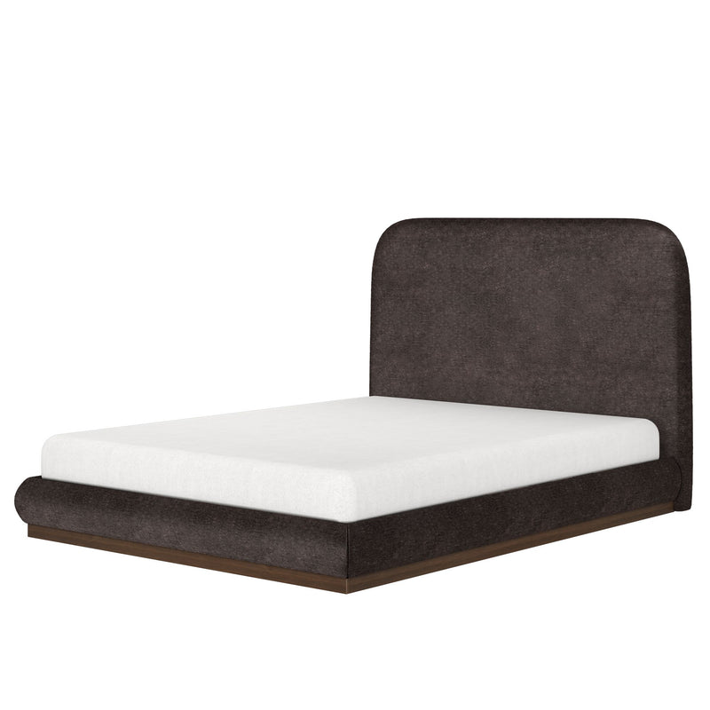 Contemporary upholstered bed frame with dark fabric headboard and white mattress in modern bedroom design.