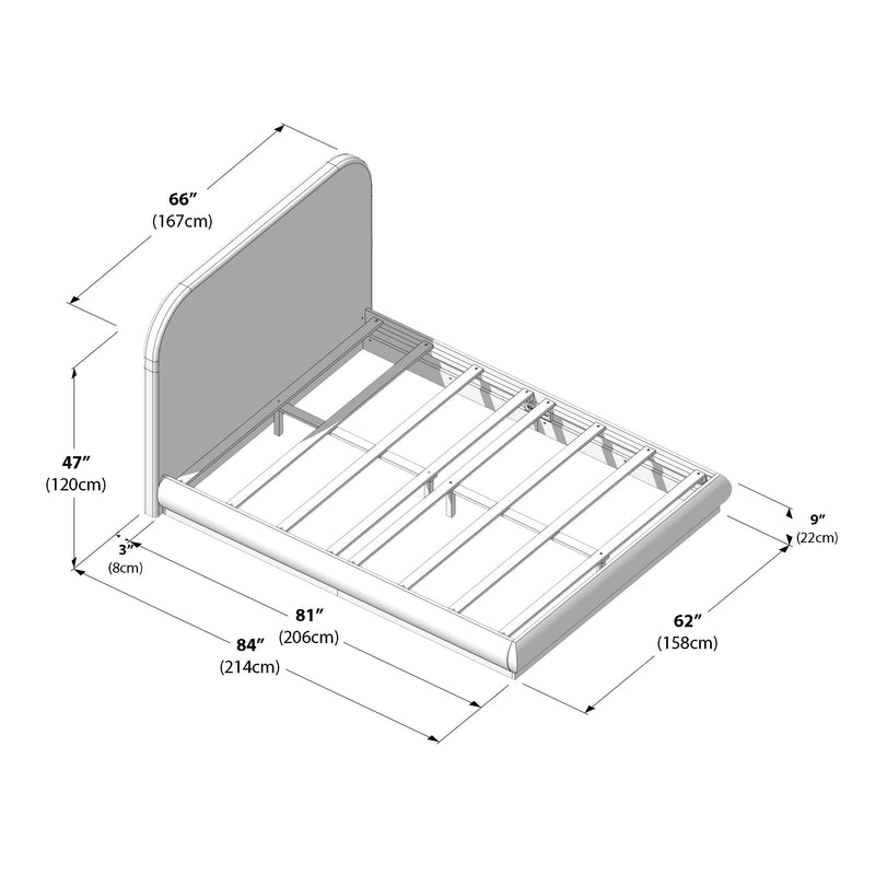 Queen-size platform bed frame diagram with padded headboard and slatted support, labeled dimensions in inches and centimeters (84 x 62 in / 214 x 158 cm)