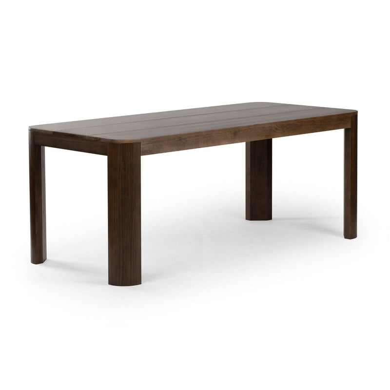 Modern dark wood dining table on white background.