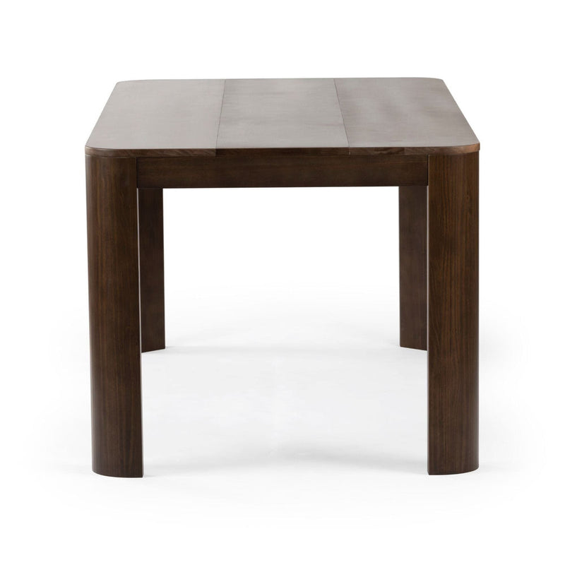 Modern dark wood dining table with sleek design and square legs, perfect for contemporary home interiors.