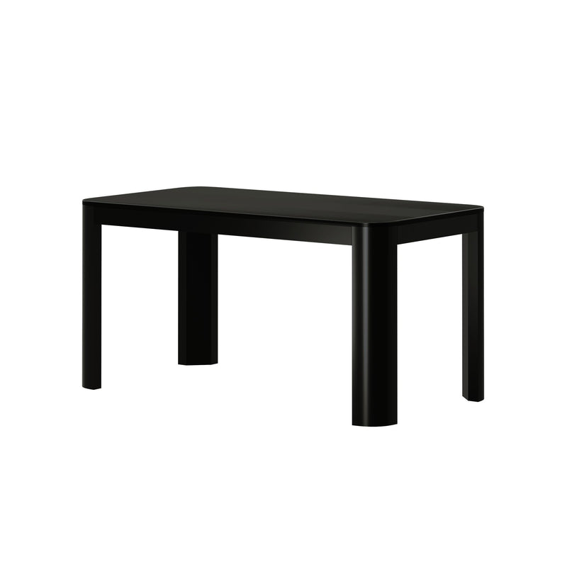 Black modern dining table with sleek design and sturdy legs for contemporary home decor.