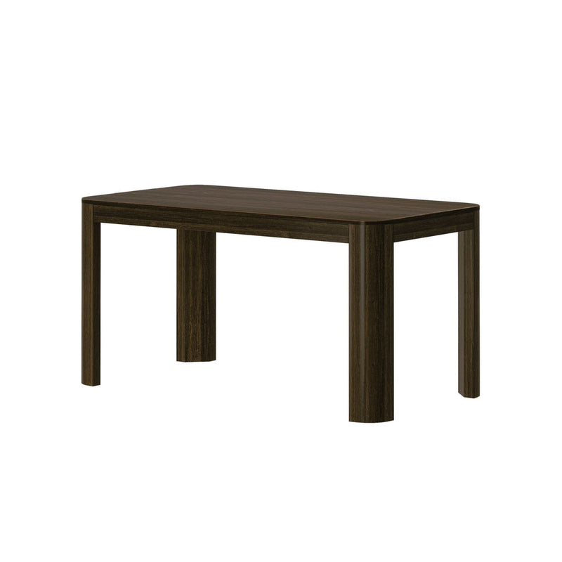 Elegant dark wood dining table with sturdy legs and sleek design.