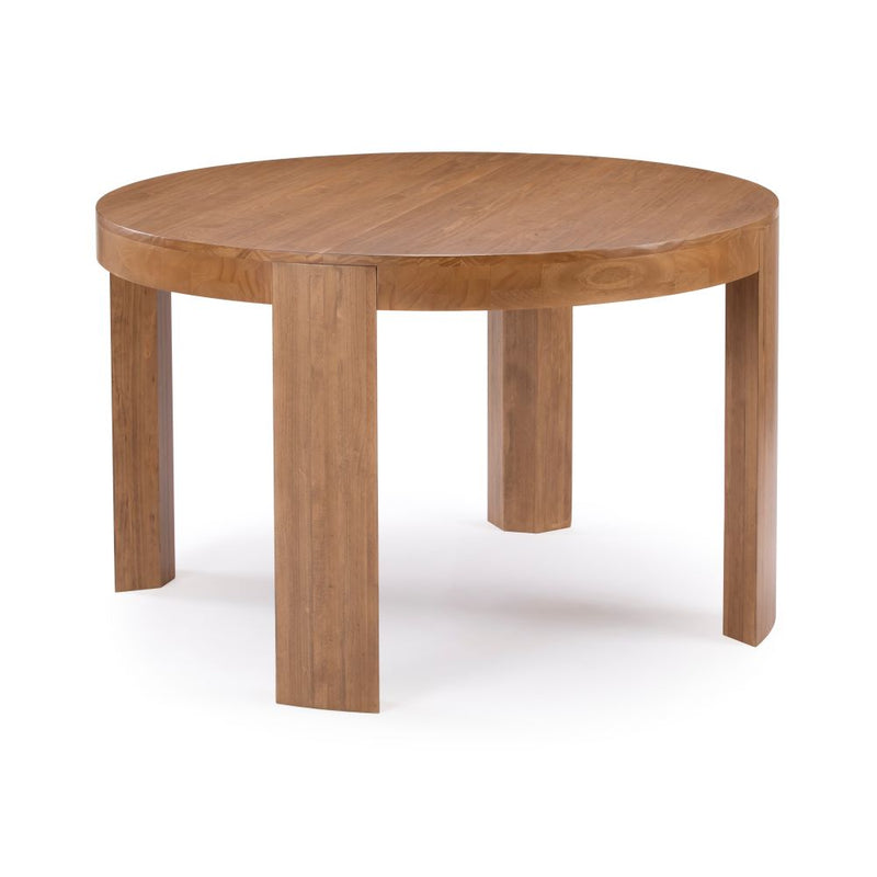 Round wooden dining table with four sturdy legs for modern interiors.