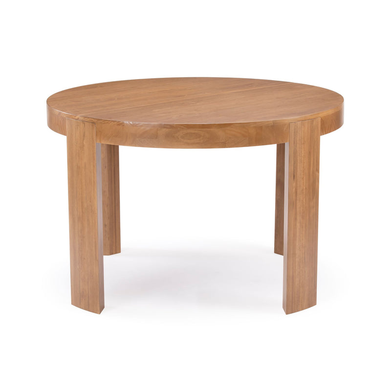 Round wooden dining table with a modern design and sturdy legs.