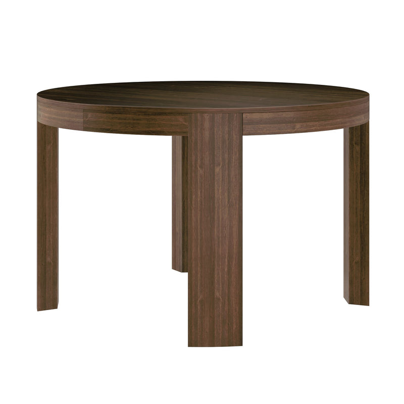 Round wooden dining table with four sturdy legs.