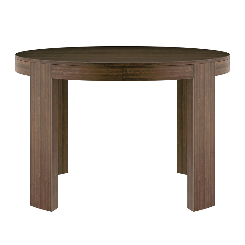 Round wooden dining table with modern design and sleek finish.