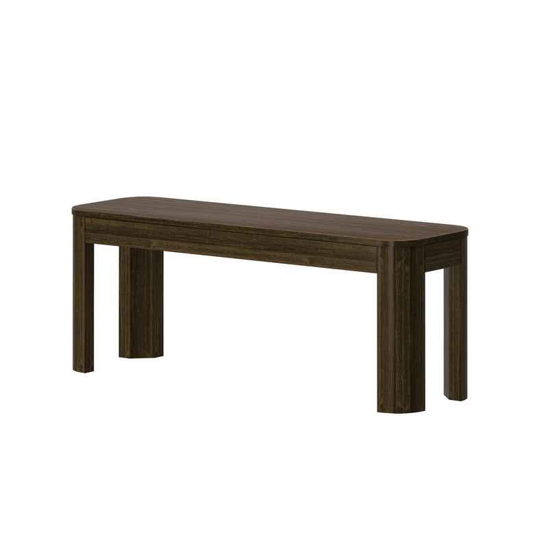 Dark wood dining bench with modern design and clean lines.