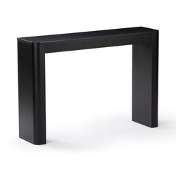 Modern black matte console table with rounded corners and thick rectangular legs, minimalist hallway or entryway accent table