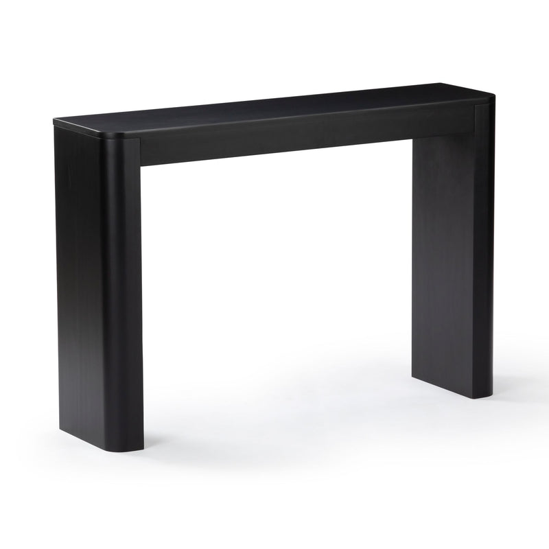 Modern black matte console table with rounded corners and thick rectangular legs, minimalist hallway or entryway accent table