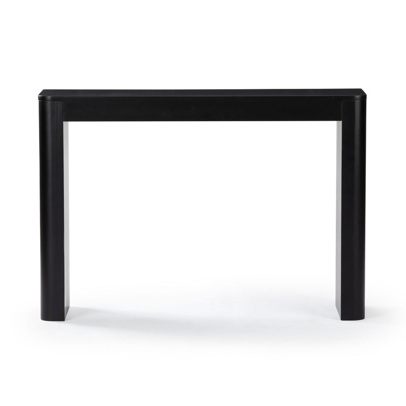 Black minimalist console table with modern rectangular design against white background.
