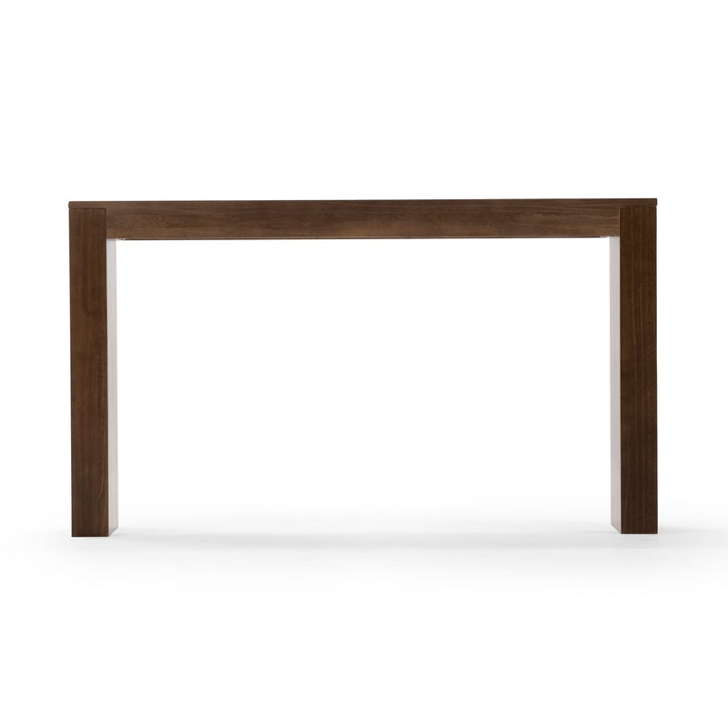 Minimalist brown wooden console table with clean lines.