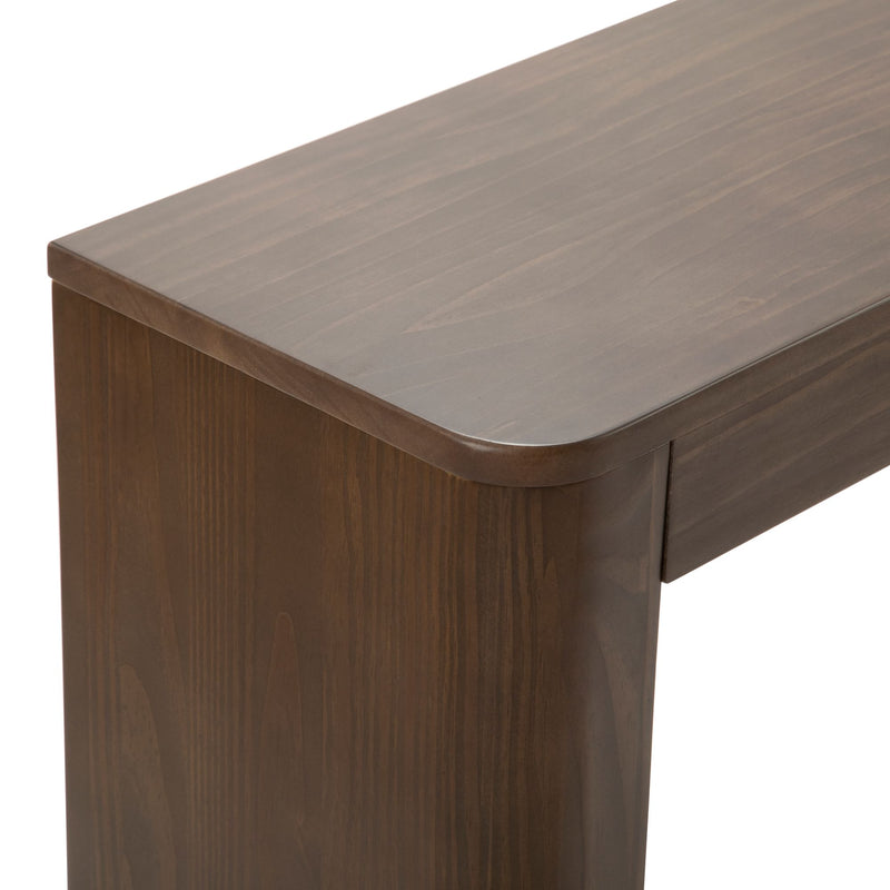 Modern wooden desk with smooth curved edges and sleek finish.