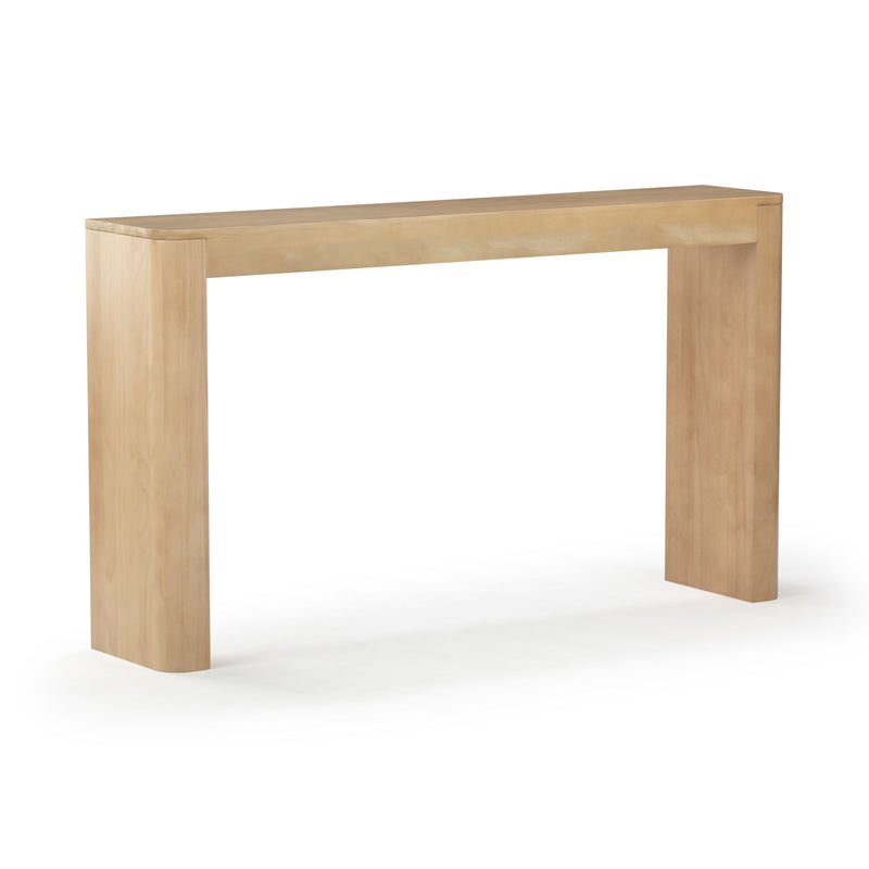 Minimalist light wood console table with smooth rectangular top and thick straight legs, natural solid wood finish for modern entryway