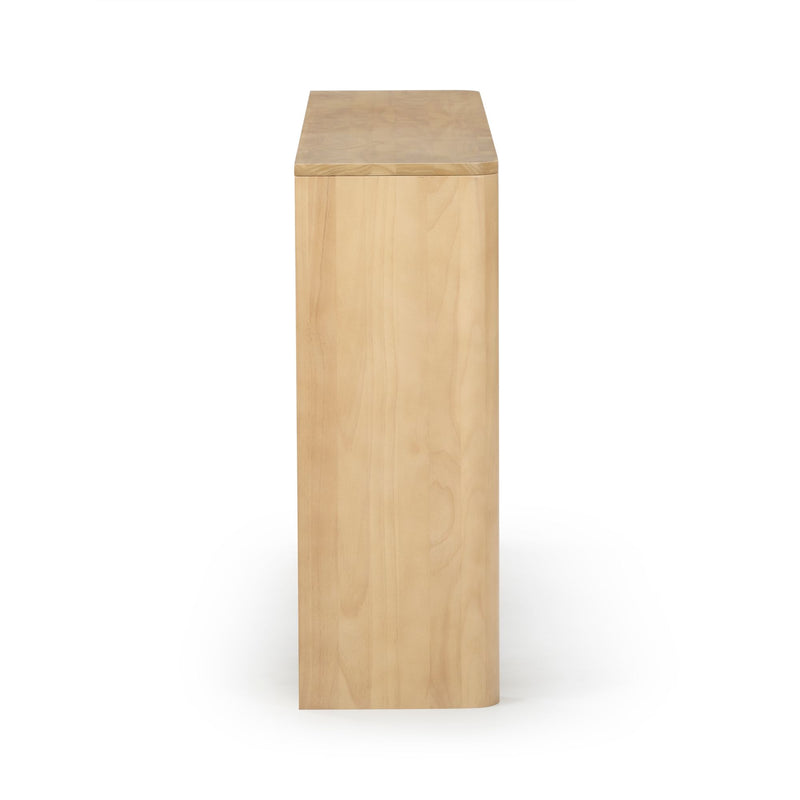 Side view of a modern light wood console table with clean lines.