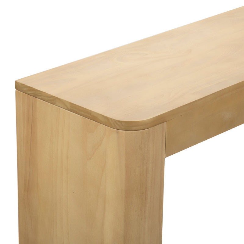 Natural wood finish table corner with sleek, rounded edges and smooth surface texture.
