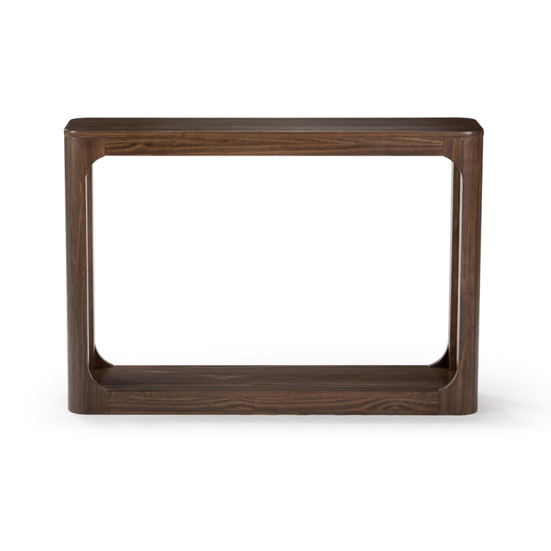 Sleek modern console table with a rich brown finish, ideal for contemporary living room decor.