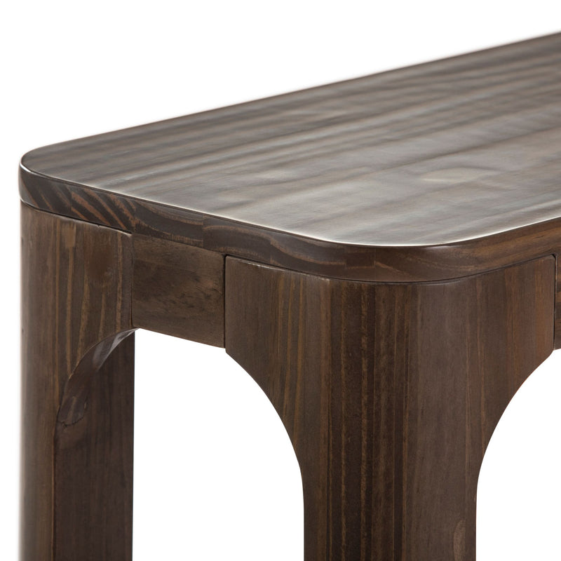 Close-up of modern wooden table with curved edges, featuring dark glossy finish and sturdy legs.