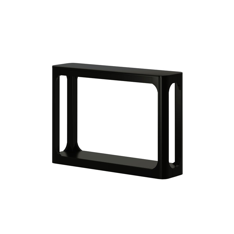 Minimalist black bookshelf with a modern design for home or office decor.