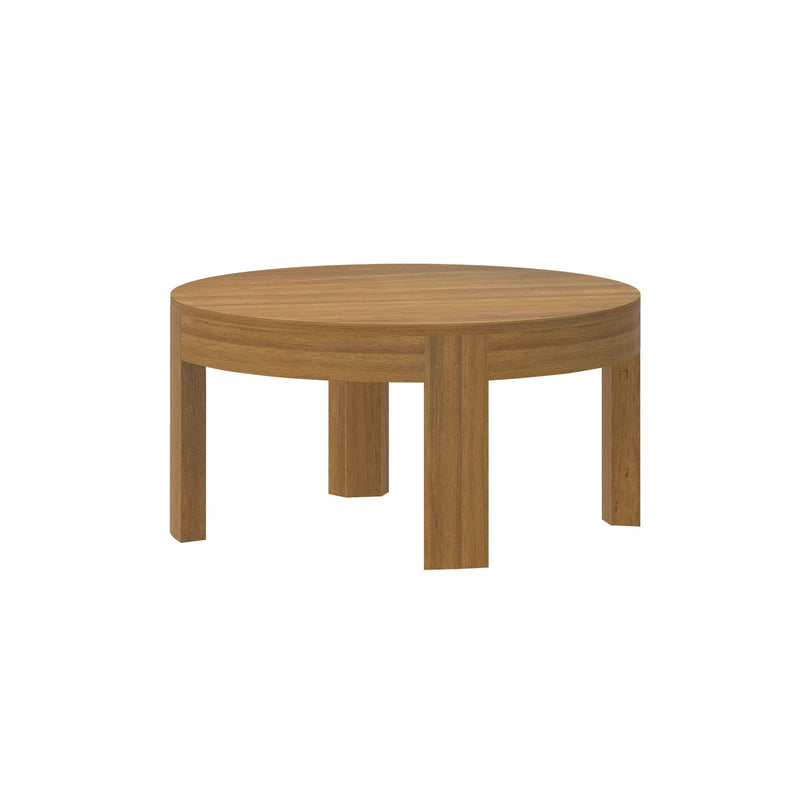 Round wooden coffee table with four sturdy legs, brown finish.
