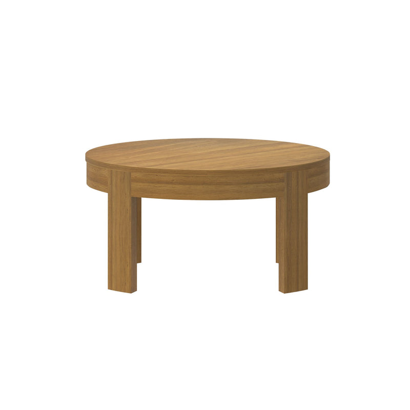 Round wooden coffee table with sleek design and sturdy legs.