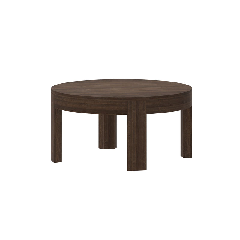 Round dark wood coffee table with a modern design and sturdy legs.