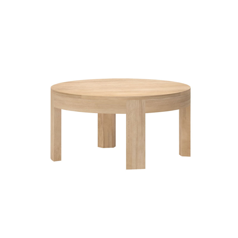 Round wooden coffee table with minimalist design.