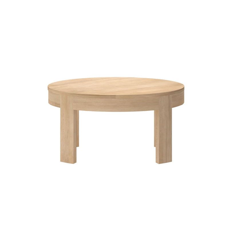 Round wooden coffee table with sleek modern design and sturdy legs.
