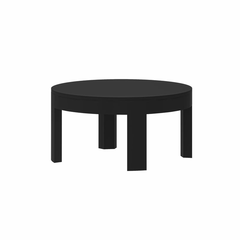 Round black coffee table with modern design and sturdy legs.