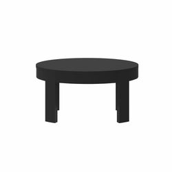 Round black coffee table with sturdy legs on white background.