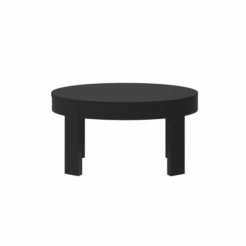 Round black coffee table with sturdy legs on white background.