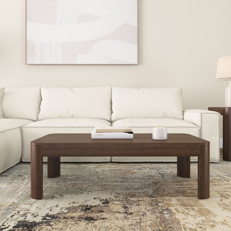 Contemporary living room with a white sofa, wooden coffee table, and modern decor.