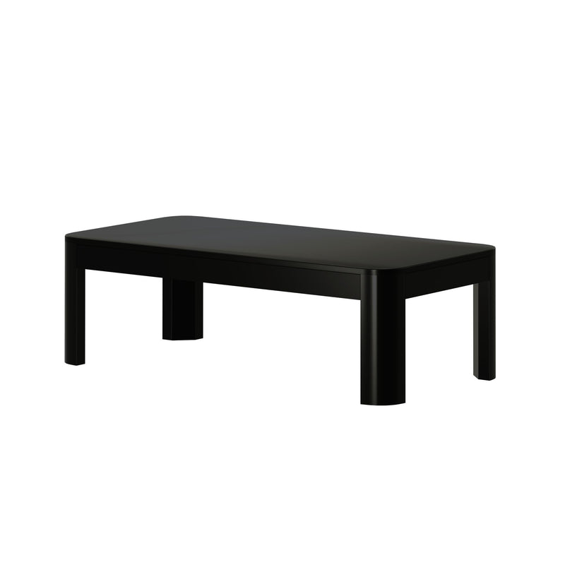 Black modern coffee table with sleek design for living room décor.