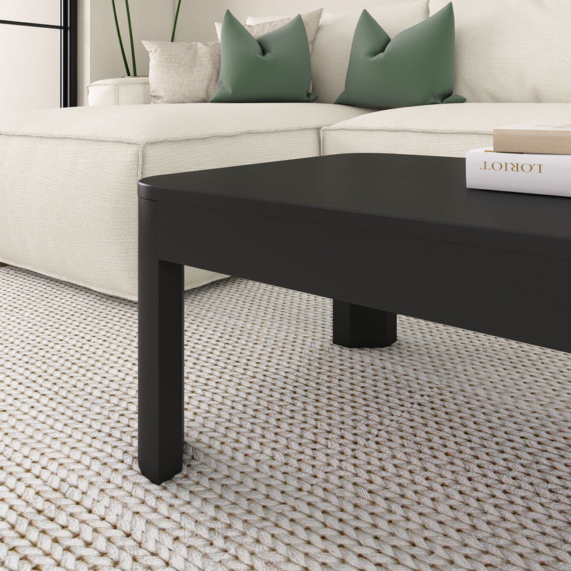 Black coffee table on textured rug in modern living room with green pillows on white sofa.
