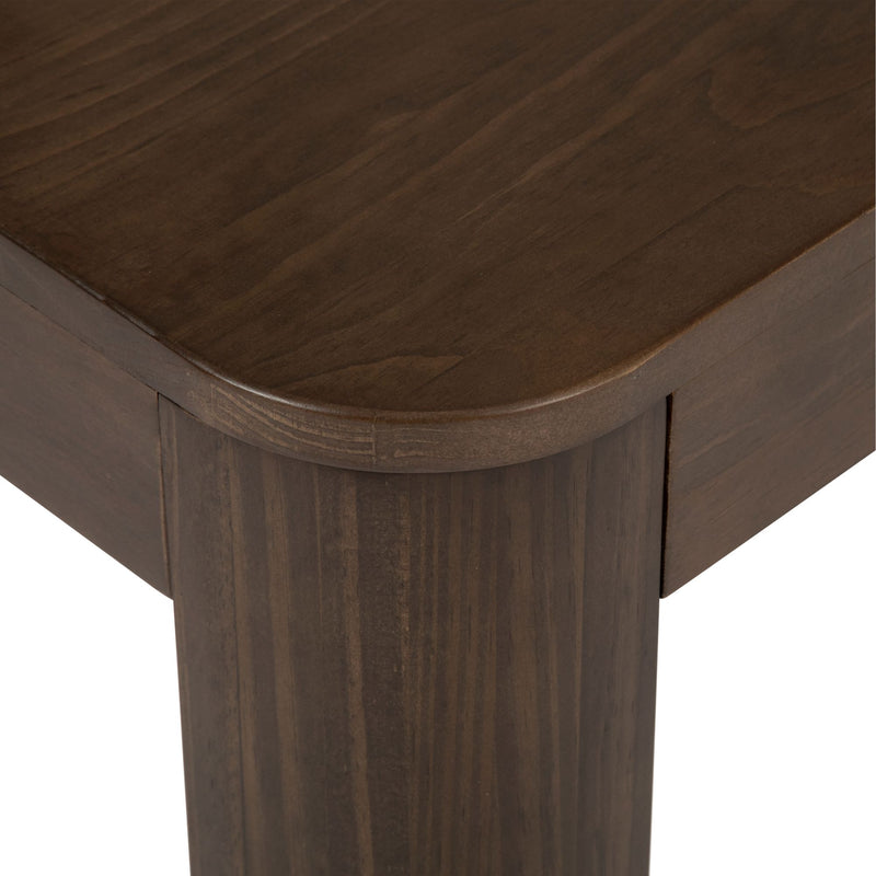Close-up of a dark wood table corner with smooth finish and sturdy leg design.