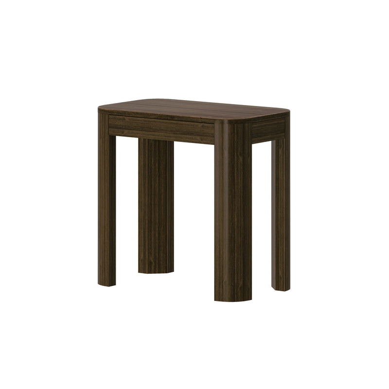 Dark wooden side table with simple, modern design and rounded edges.
