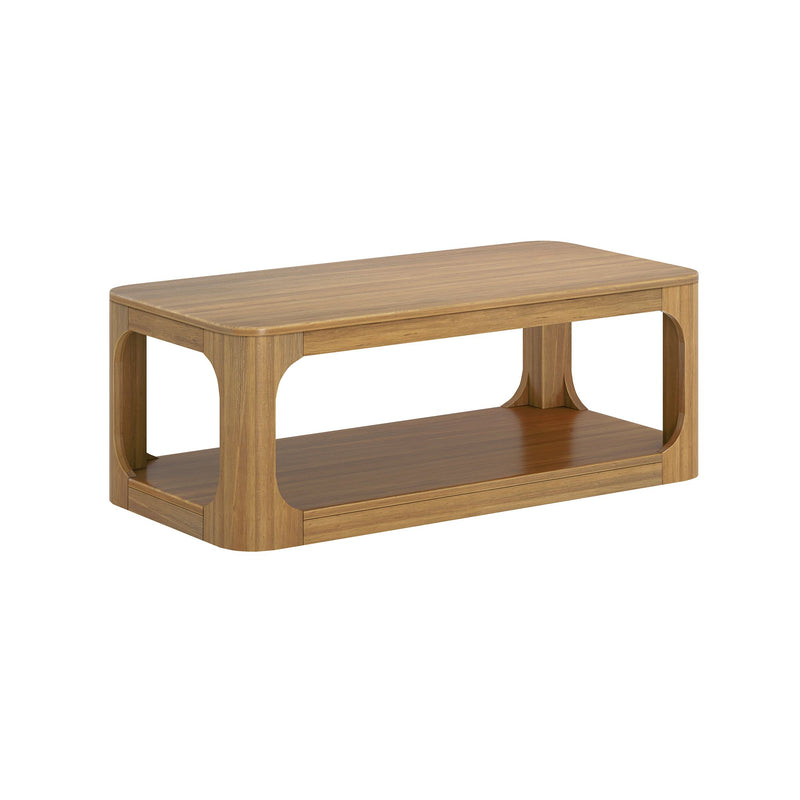 Mid-century modern rectangular wooden coffee table with open storage shelf.