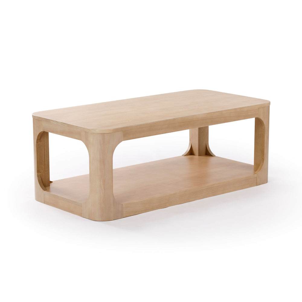 Modern natural wood coffee table with open shelf design for living room decor.
