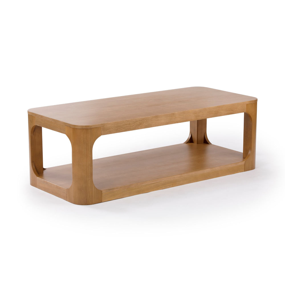 Modern wooden coffee table with a minimalist design and open storage shelf, perfect for living room decor.