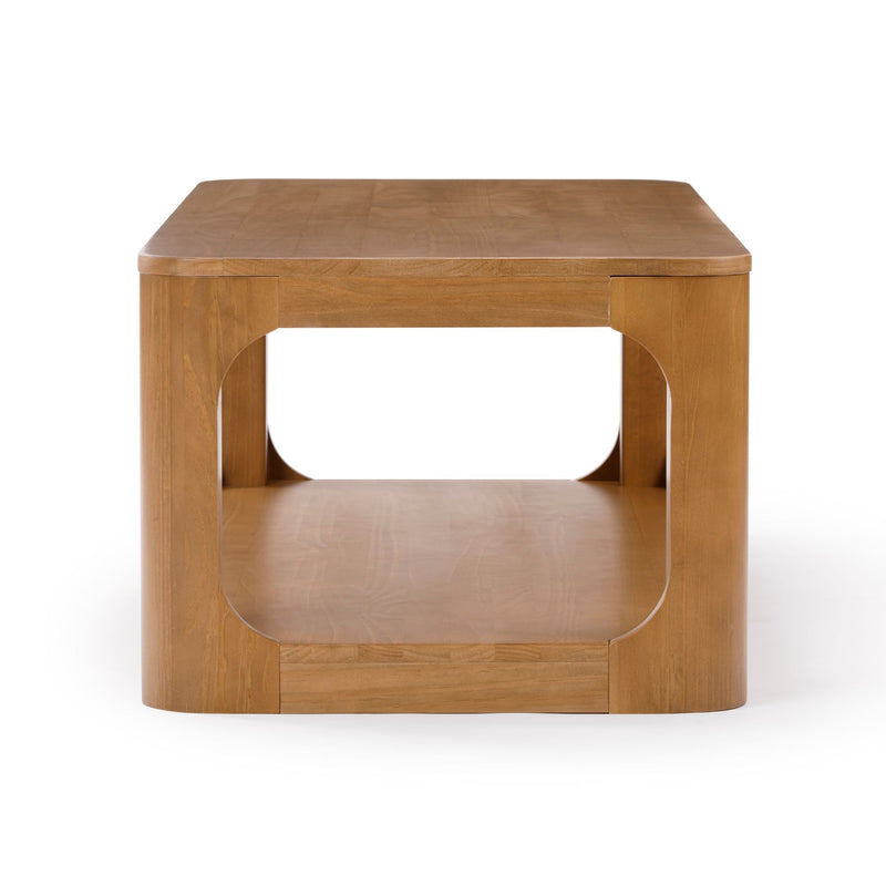 Modern wooden coffee table with open shelf design and curved edges.
