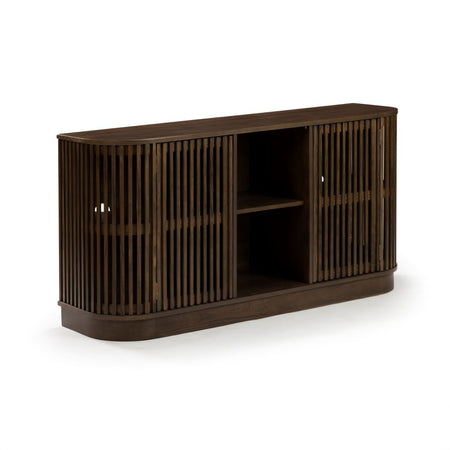 Walnut slatted media console cabinet with curved corners, two slatted doors and center open shelving for TV and electronics
