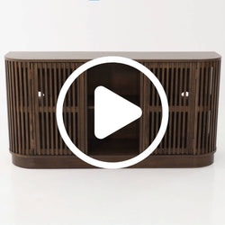 Mid-century modern walnut slatted wood media console TV stand with curved edges, central open shelf and concealed storage for electronics and cable management