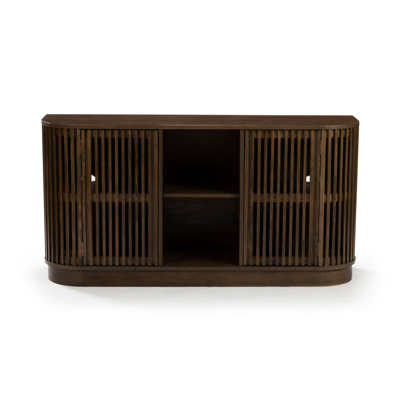 Dark walnut slatted wood console cabinet with rounded corners, open center shelf and adjustable interior storage — mid-century modern media credenza for living room