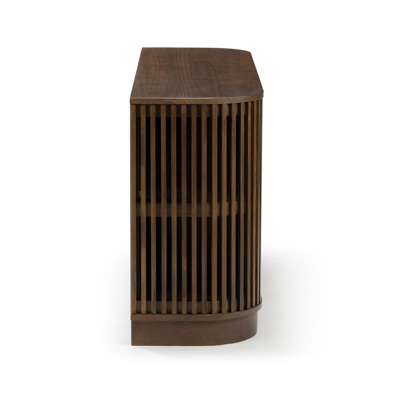 Curved walnut slatted console cabinet with vertical slats and open shelving, mid-century modern wooden media stand in dark walnut finish