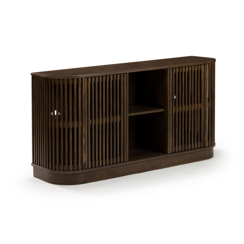 Walnut slatted wood media console with rounded edges, two cabinet doors and central shelving — mid-century modern TV stand