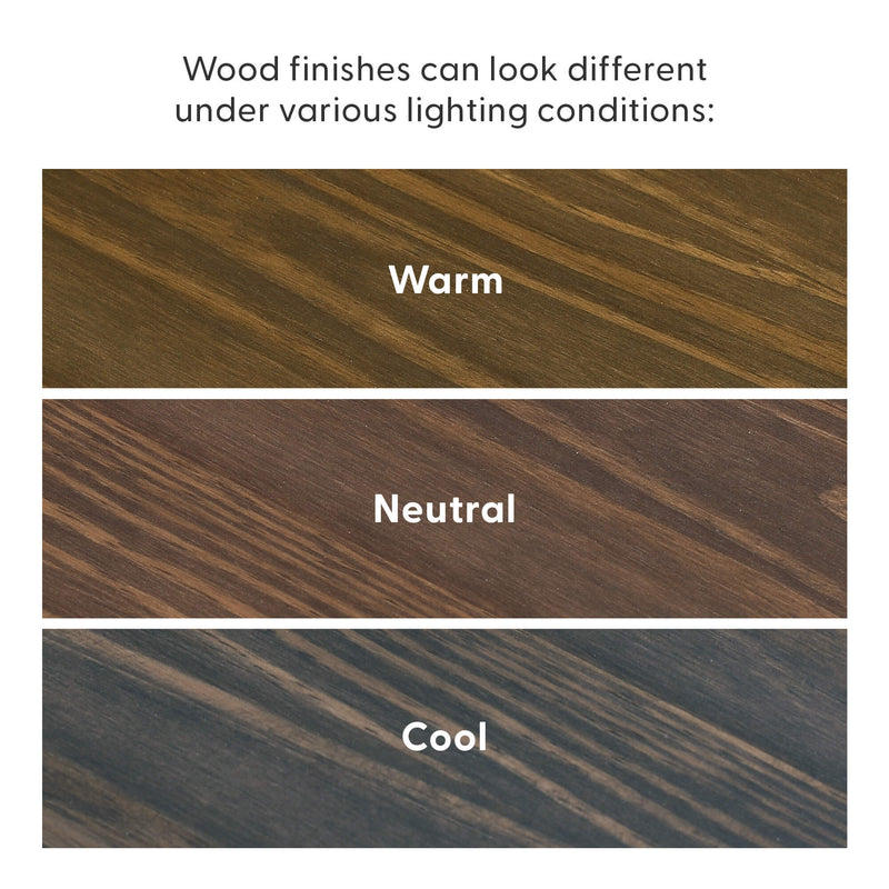 Wood finish comparison: three wood grain samples in warm, neutral, and cool tones showing how finishes change under different lighting conditions
